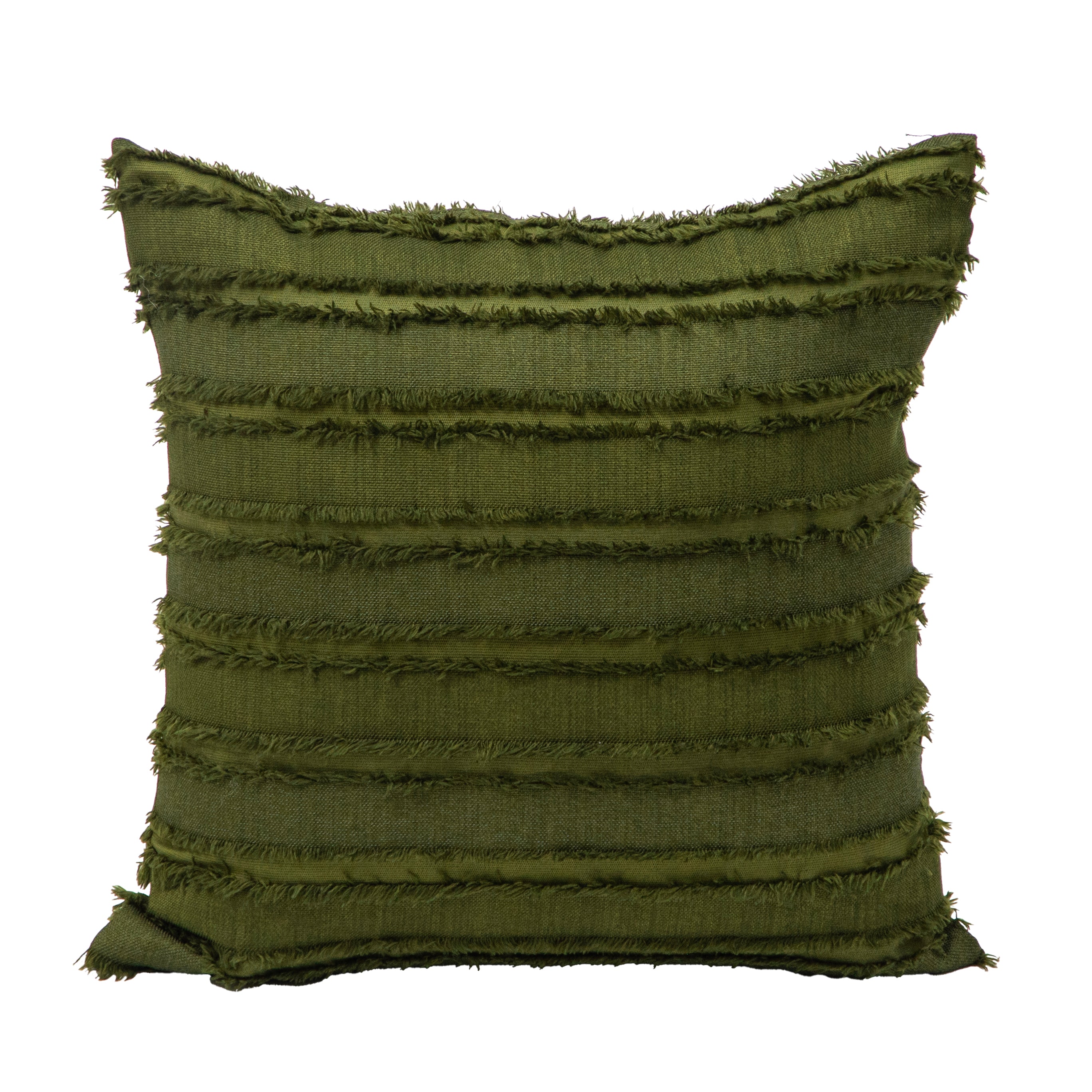 The Funda de Cojín Bogotá by Intima Hogar is a square, dark green cushion cover with horizontal textured fringe and slightly pointed corners, offering a soft fabric look for decorative layering. Shown against a white background.