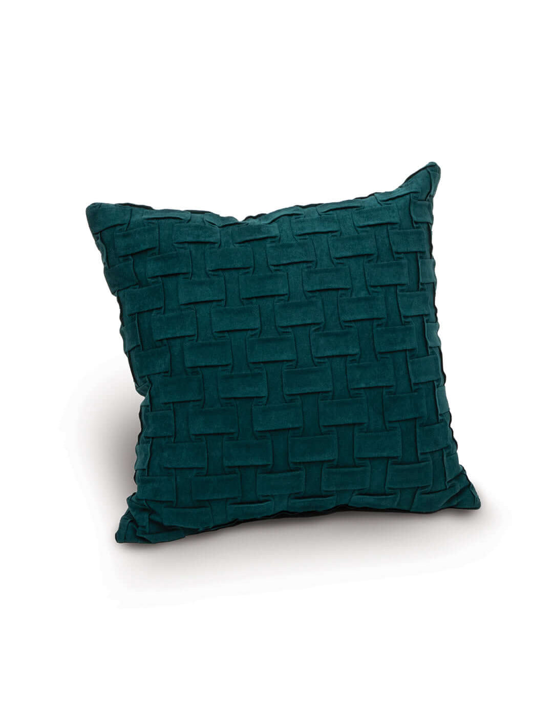 The Cojín de Lujo Brick Azul Petróleo de Intima Hogar es un cojín cuadrado azul petróleo con patrón tejido, ideal para decoración elegante, mostrado sobre fondo blanco.