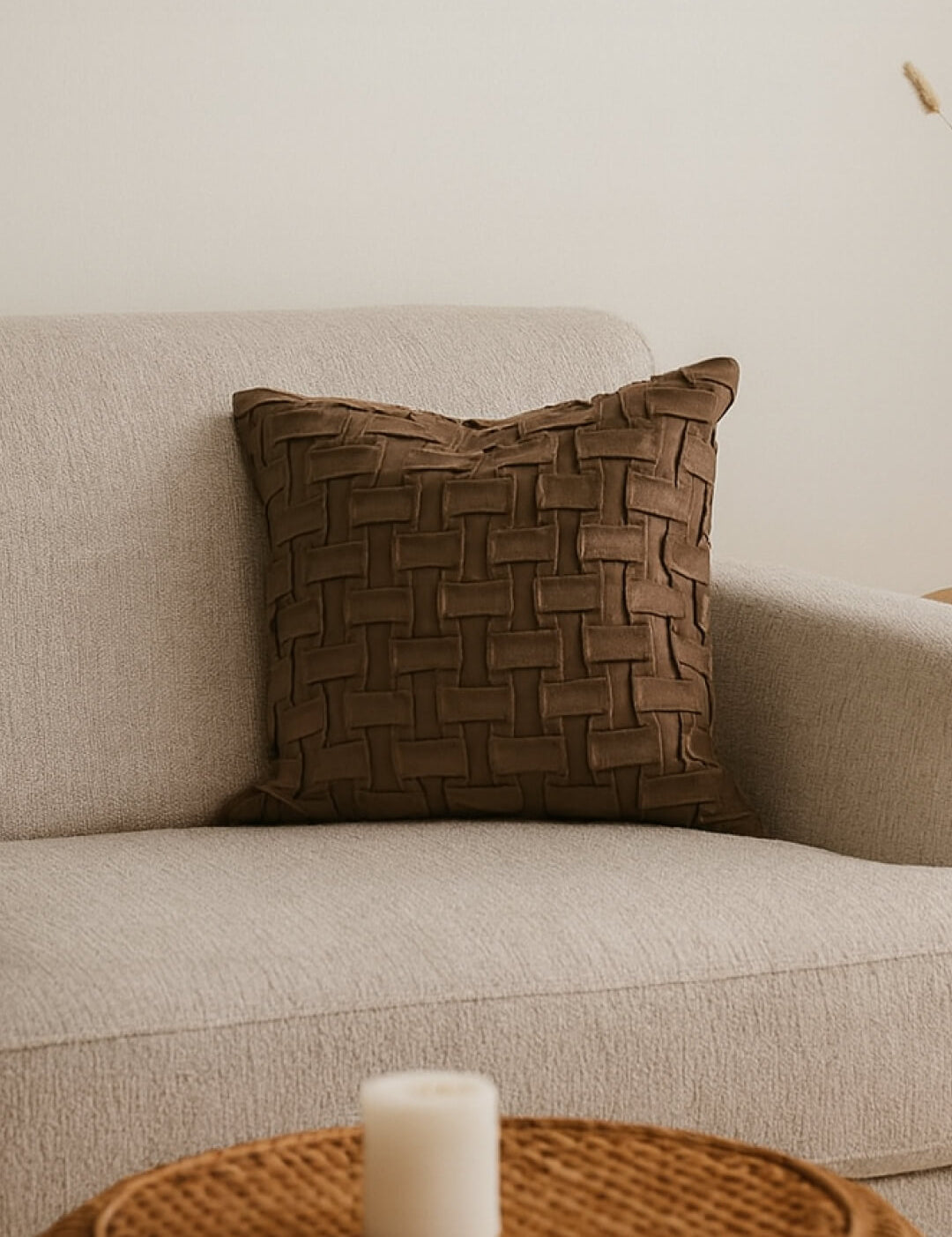 Un sofá beige decorado con cojines Brick Cafe de Intima Hogar en microfibra y relleno sintético. Frente al sofá, una mesa redonda de mimbre sostiene una vela blanca. Al fondo, la pared es lisa y clara.