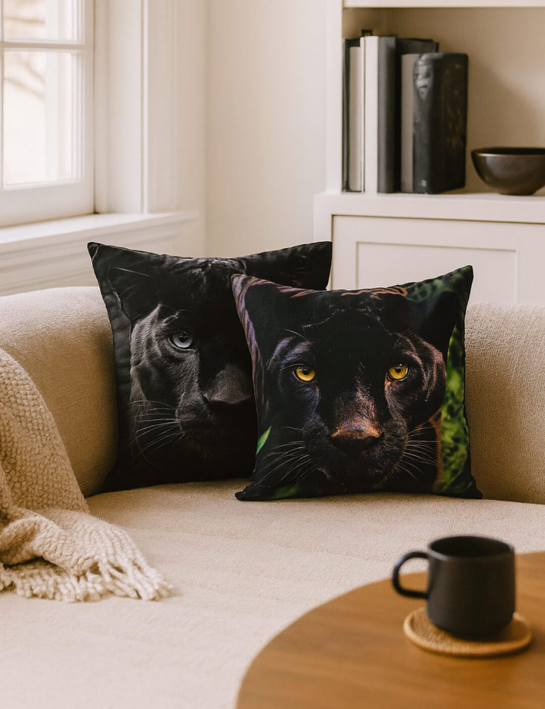Dos cojines Cojín Estampado Black Panther de Intima Hogar descansan sobre un sofá beige junto a una manta, mientras libros y decoración llenan las estanterías y una taza de café reposa en la mesa enfrente.