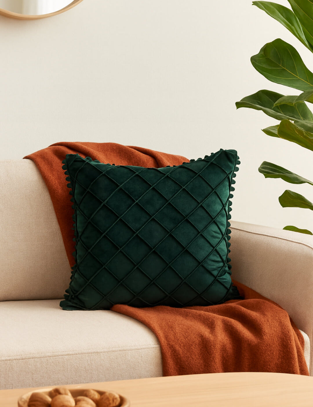 El Cojín de Lujo Velvet Verde Esmeralda de Intima Hogar reposa sobre un sofá marfil con manta naranja quemada; en la mesa, bol de madera con nueces, y al fondo una planta verde y un espejo redondo decoran el ambiente.
