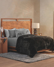 A modern, elegant habitación with a wooden bed frame, gray bedding, fluffy pillows, and a Cobertor Platinum Extra Suave Albania by Intima Hogar in black atop the bed, plus a wooden nightstand, lamp, and textured gray rug over wood flooring.