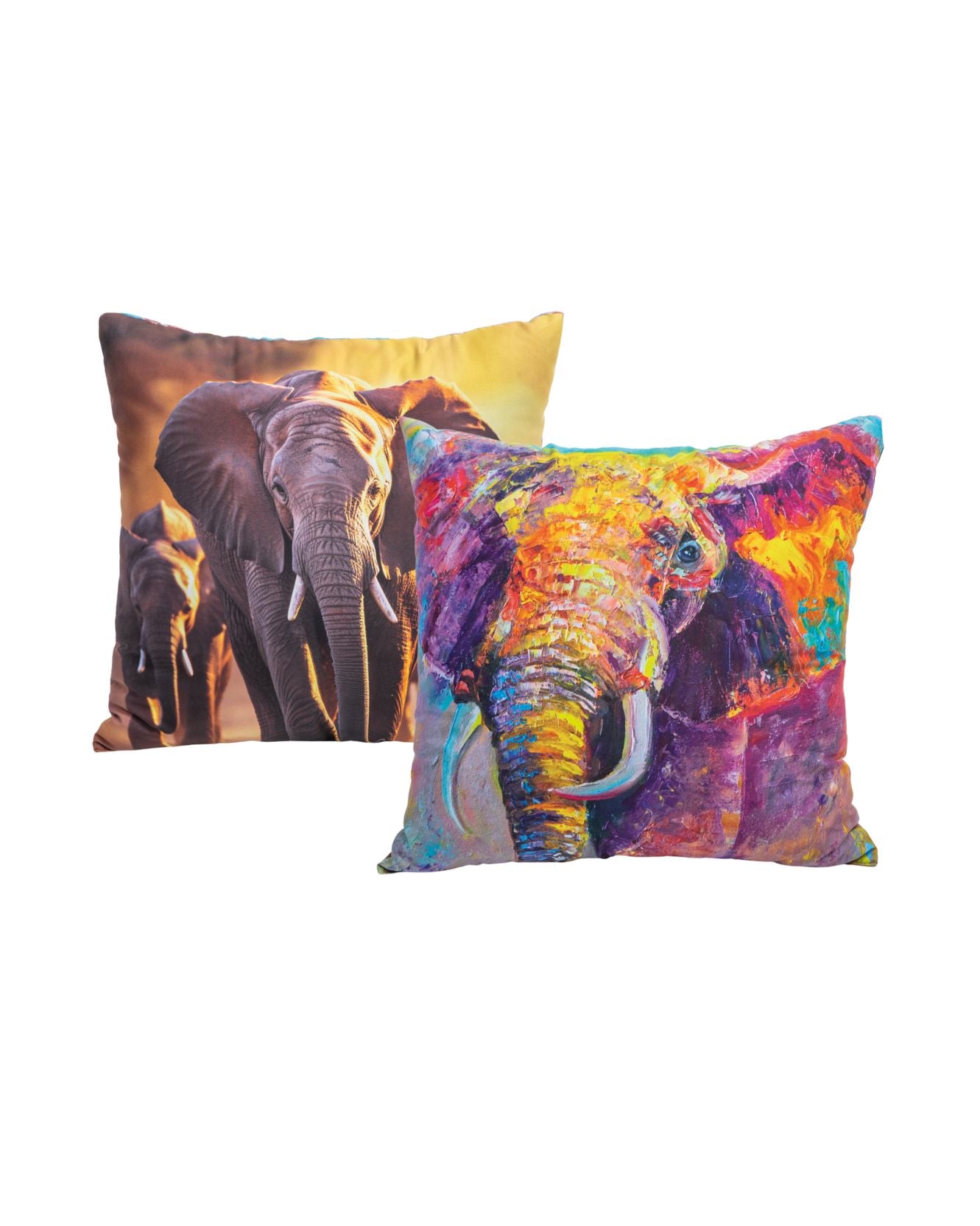 The Cojín Elefante by Intima Hogar includes two square cojines: one with a realistic elephant photo, the other with a colorful abstract elephant on white. Ideal as cojines suaves to add comfort and style to any room.