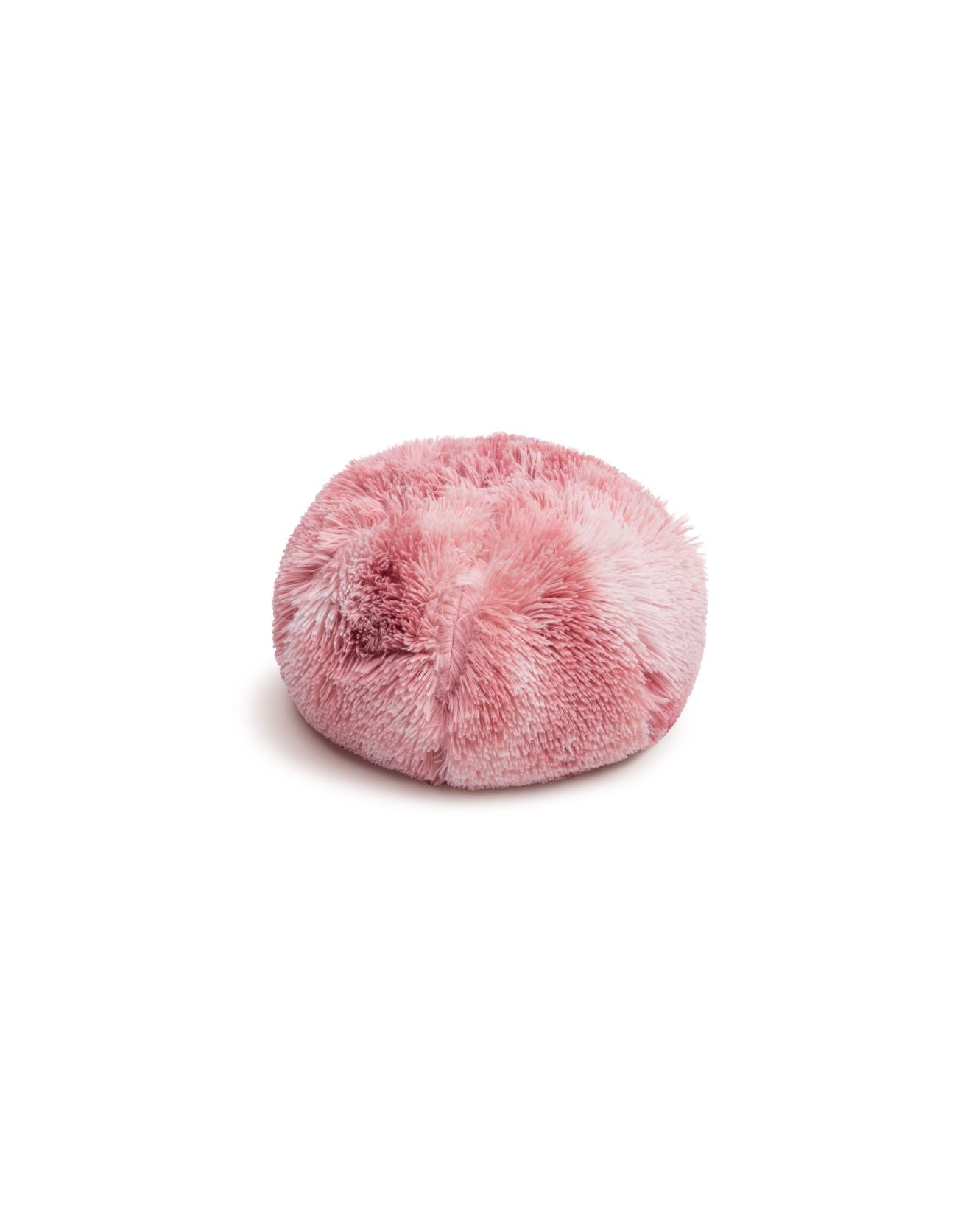 The Cojín de Lujo Flamenco Ball by Intima Hogar is a round, fluffy pet bed crafted from soft, shaggy pink fabric, shown on a plain white background.
