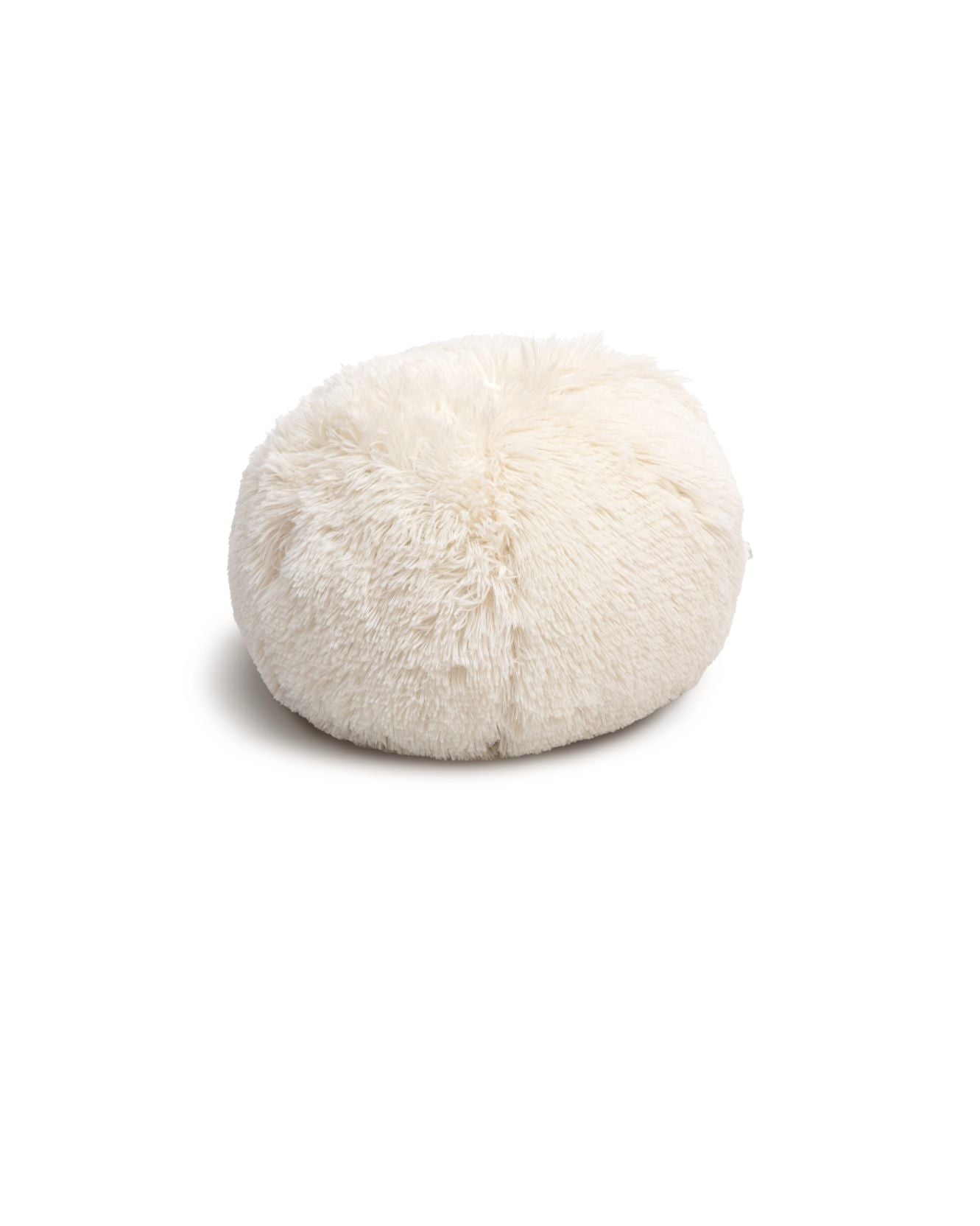 The Cojín de Lujo Iglú Ball by Intima Hogar is a round, fluffy, cream-colored pet bed with a soft shaggy texture, shown on a white background.