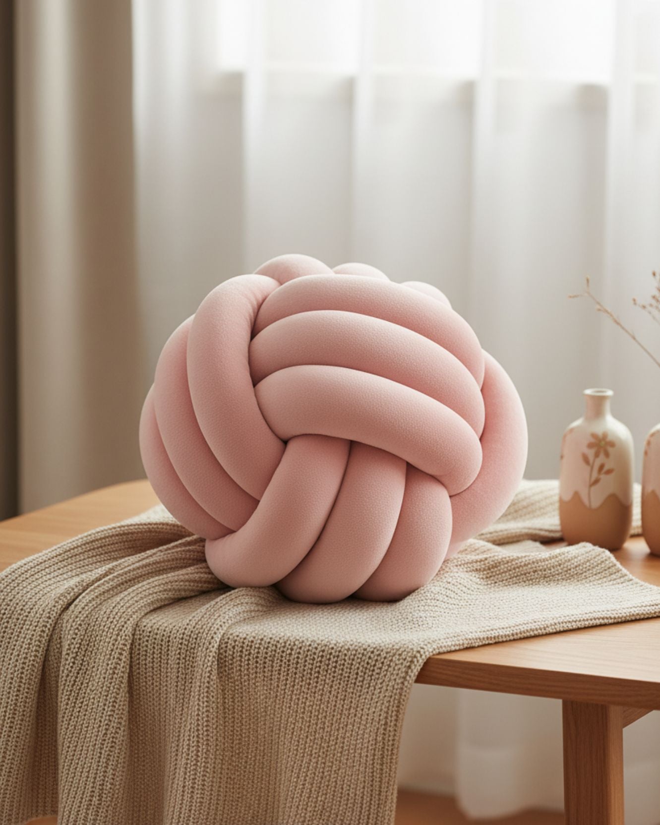 A soft Cojín Lazo Rosa by Intima Hogar rests on a beige knitted throw atop a wooden table. Two decorative vases and sheer white curtains in the background highlight this original accent piece.