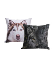 Add a wild touch to your decoración with the Cojín Estampado Lobo set by Intima Hogar: one cojín featuring a husky close-up and another with a lobo’s face partially hidden behind a tree, both on white backgrounds.