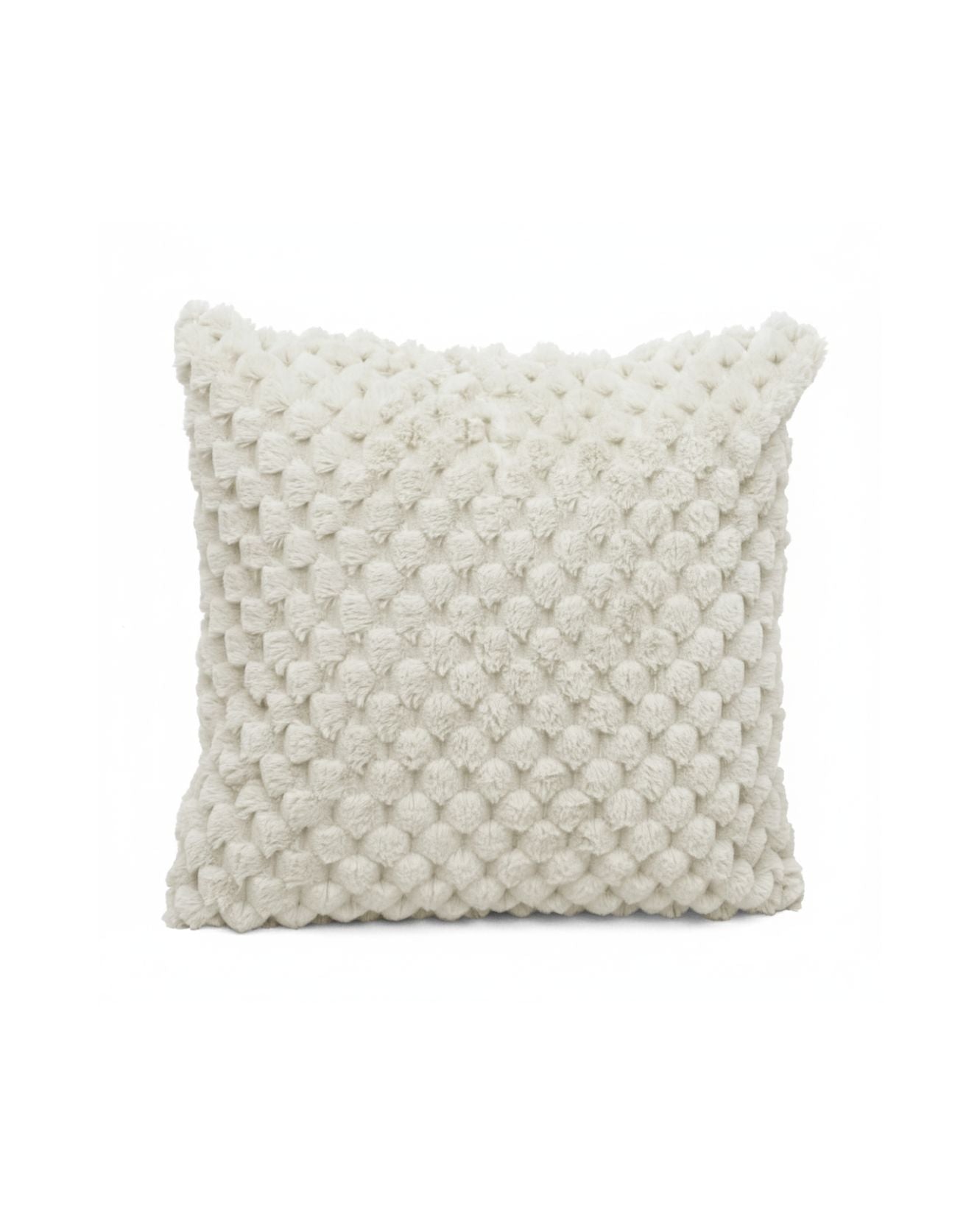 El cojín Nickel de Intima Hogar es rectangular, color off-white, con textura de pompones elevados en toda la superficie, brindando suavidad y un diseño elegante. Ideal para decorar cualquier espacio.