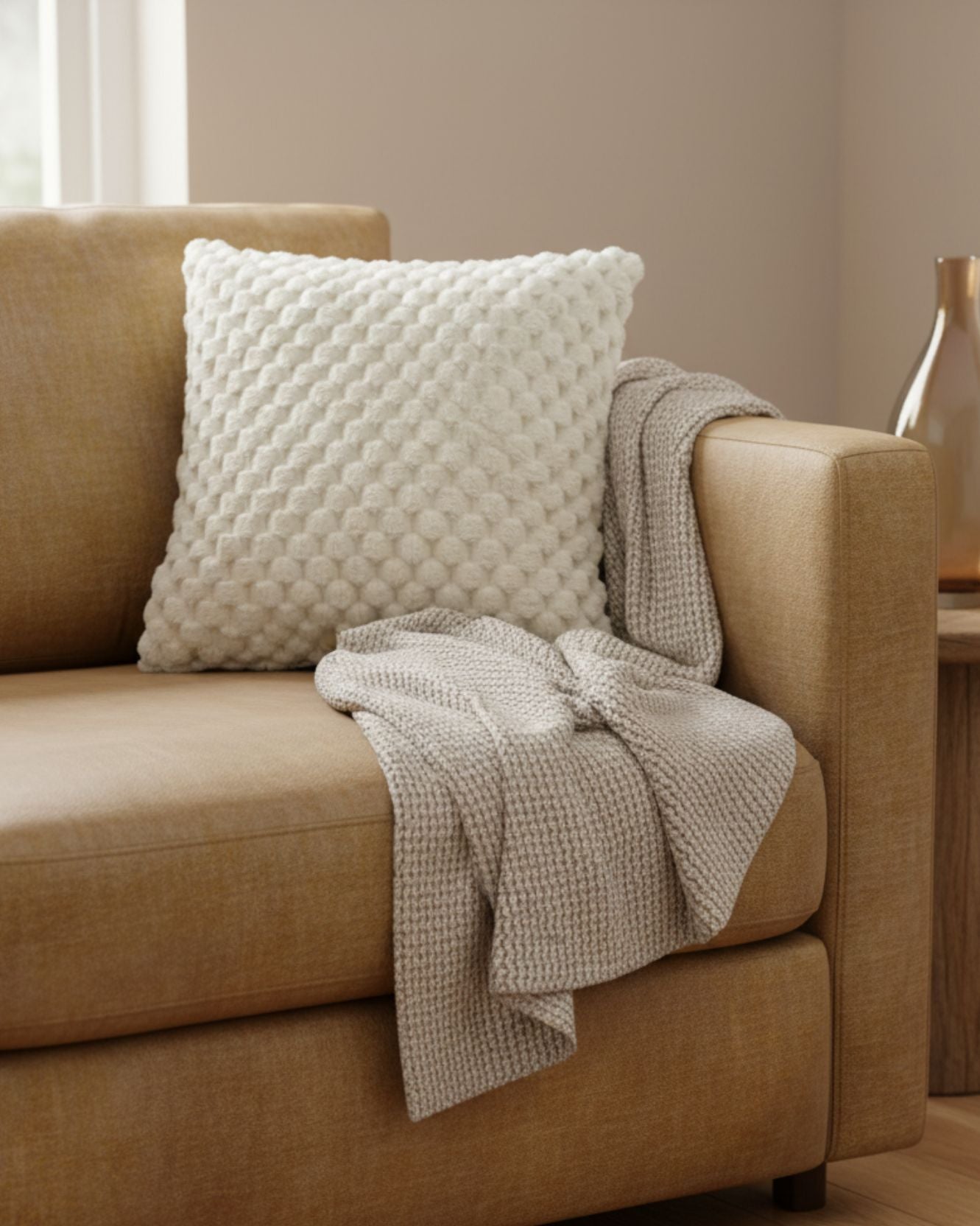 A beige sofa with a smooth texture, featuring the Cojín Nickel by Intima Hogar in white and a knitted beige throw, is beside a small wooden side table with a gold vase in a softly lit room.