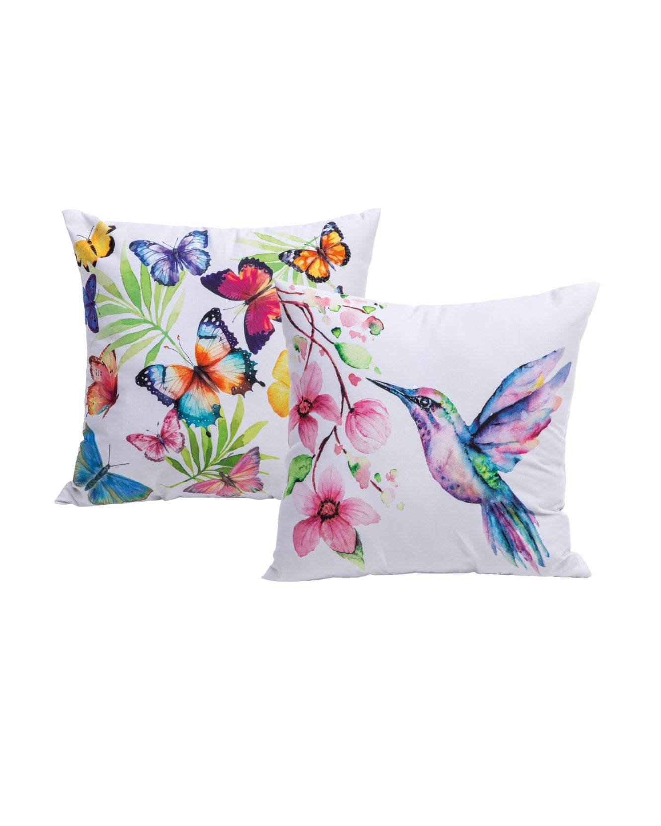 Set of two Intima Hogar pillowcases: one with the Cojín Estampado Mariposa design and green leaves, the other with a vibrant hummingbird and pink flowers—perfect for adding naturaleza decor on a white background.