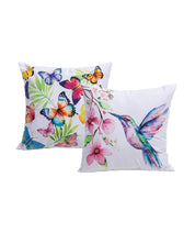 Set of two Intima Hogar pillowcases: one with the Cojín Estampado Mariposa design and green leaves, the other with a vibrant hummingbird and pink flowers—perfect for adding naturaleza decor on a white background.