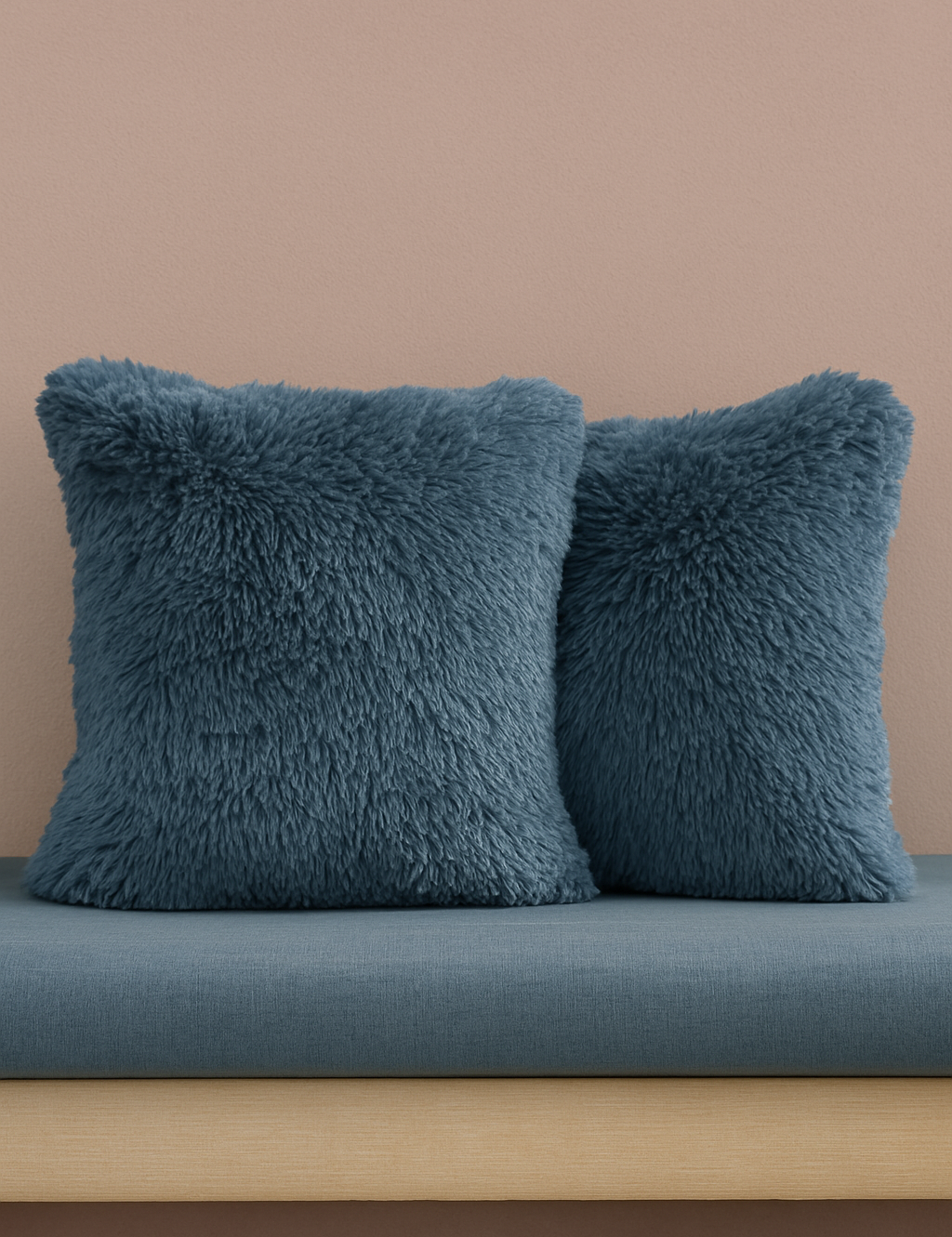 Two fluffy blue Cojines de Lujo Bruselas by Intima Hogar are arranged side by side on a blue cushioned bench with a wooden base, set against a plain light brown wall.