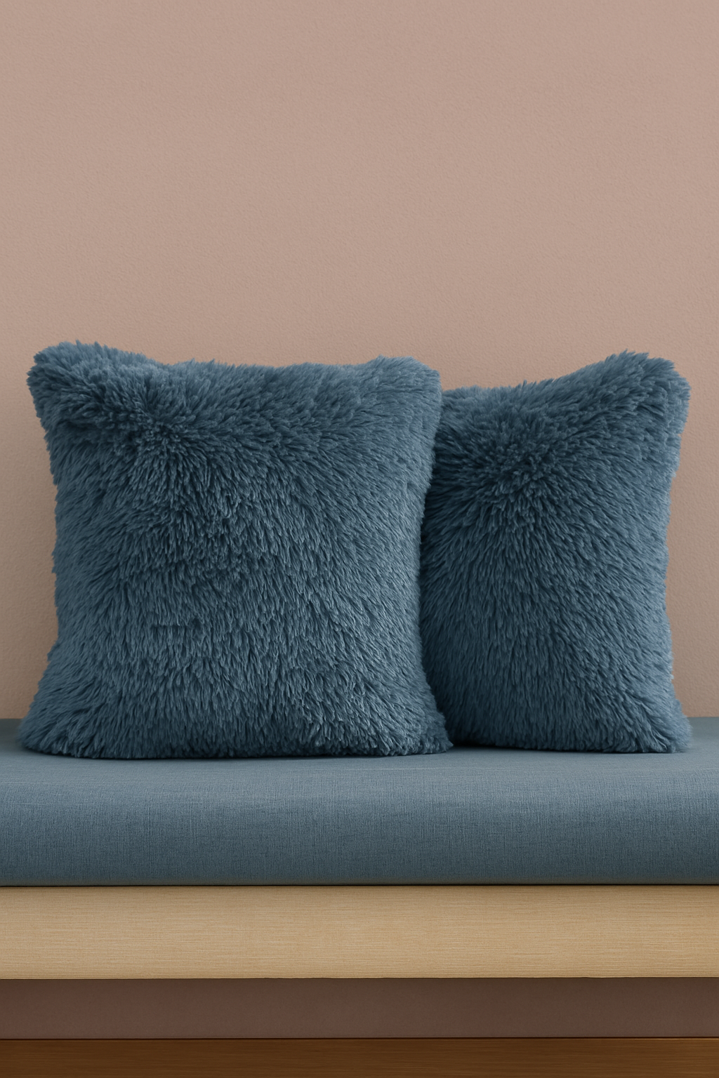 Two fluffy blue Cojines de Lujo Bruselas by Intima Hogar are arranged side by side on a blue cushioned bench with a wooden base, set against a plain light brown wall.