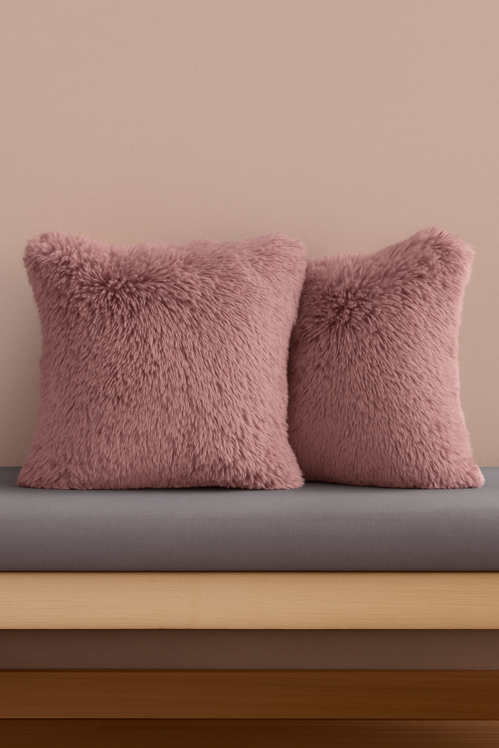 Two pink, fluffy Cojines de Lujo Liverpool by Intima Hogar are placed side by side on a gray cushion against a light pink wall, resting on a wooden bench.