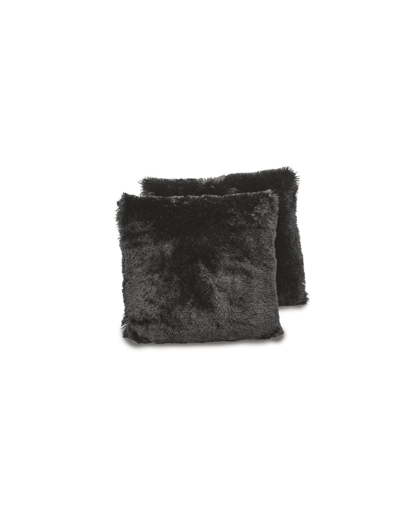 Dos cojines negros, cuadrados y afelpados del Juego de Cojines Albania de Intima Hogar se muestran sobre fondo blanco, uno ligeramente delante del otro.