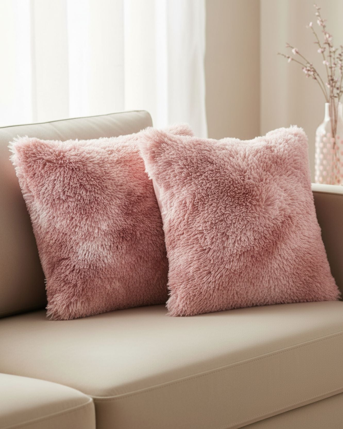Dos cojines del Juego de Cojines de Lujo Flamenco de Intima Hogar, en tono rosa y textura peludita, están sobre un sofá beige. De fondo, un florero con ramas claras decora una mesa cerca de una ventana con cortinas blancas translúcidas.