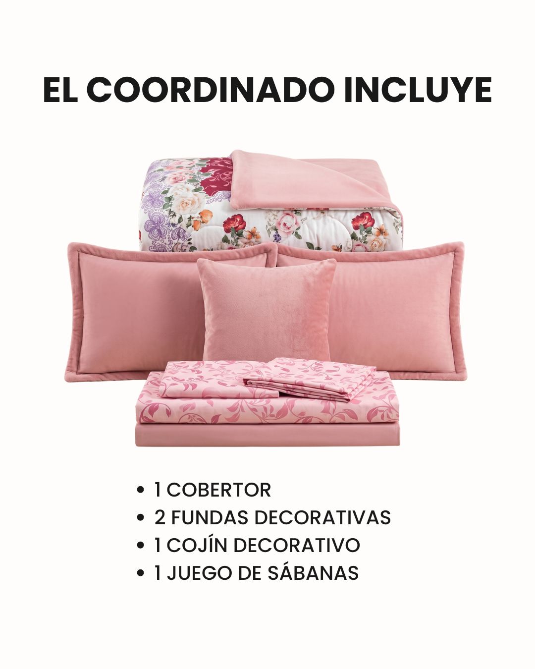El Coordinado de Cobertor Supremo Chloe de Intima Hogar incluye cobertor de franela, dos fundas decorativas, un cojín decorativo y juego de sábanas rosas. Texto en español detalla estos artículos incluidos.