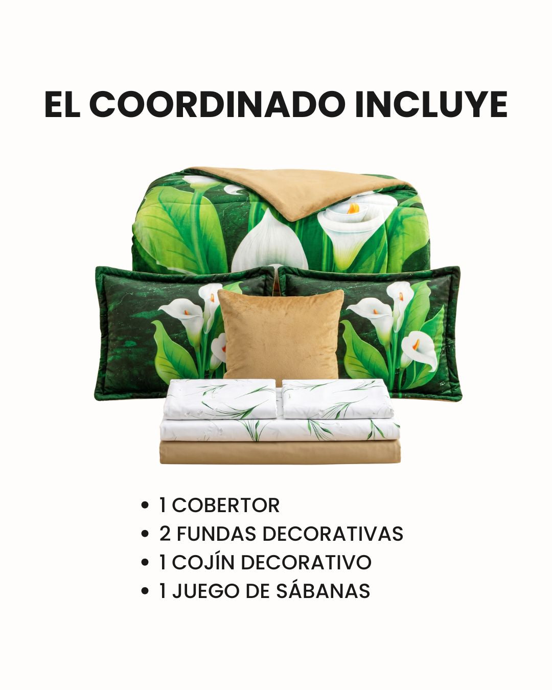 El Coordinado de Cobertor Supremo Fiori de Intima Hogar incluye cobertor franela, dos fundas decorativas, almohada dorada y juego de sábanas con diseño verde y blanco de calas. Texto en español detalla los artículos incluidos.