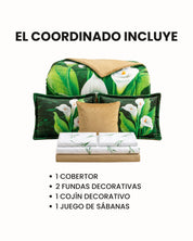 El Coordinado de Cobertor Supremo Fiori de Intima Hogar incluye cobertor franela, dos fundas decorativas, almohada dorada y juego de sábanas con diseño verde y blanco de calas. Texto en español detalla los artículos incluidos.