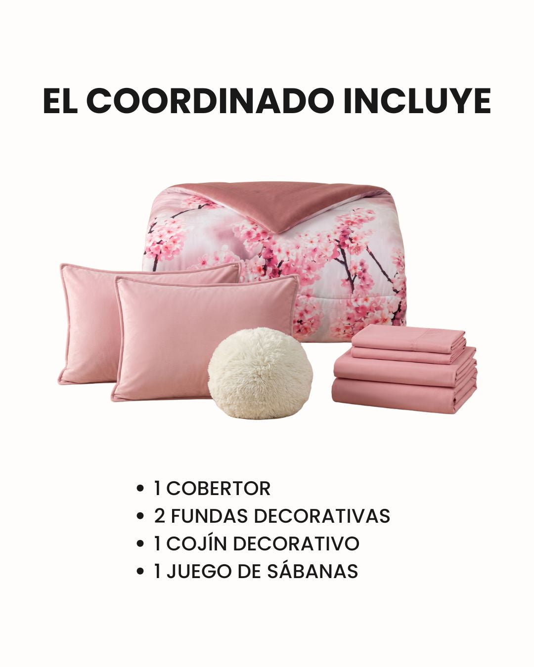 El Coordinado de Cobertor Digital Soft Florecer de Intima Hogar incluye cobertor rosa floral, dos fundas decorativas, un cojín redondo esponjoso y sábanas blancas con texto explicativo.