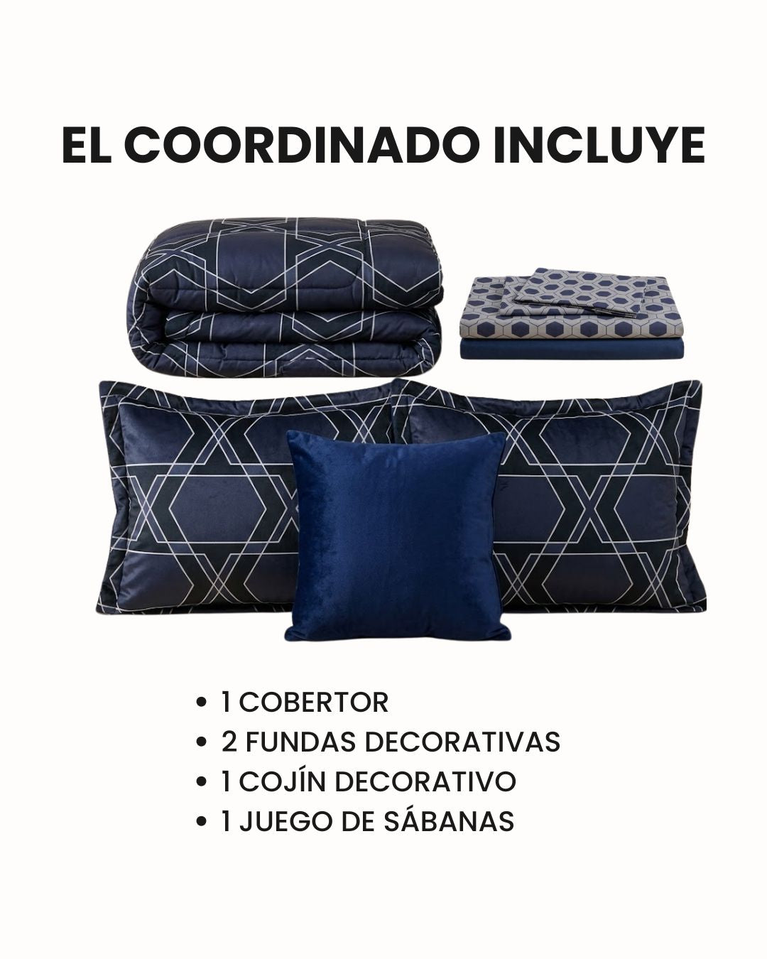 The Coordinado de Cobertor Supremo Imperio de Intima Hogar incluye un cobertor azul marino con patrones geométricos, dos fundas decorativas, una almohada sólida azul y un juego de sábanas con diseños circulares azules.