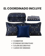 The Coordinado de Cobertor Supremo Imperio de Intima Hogar incluye un cobertor azul marino con patrones geométricos, dos fundas decorativas, una almohada sólida azul y un juego de sábanas con diseños circulares azules.