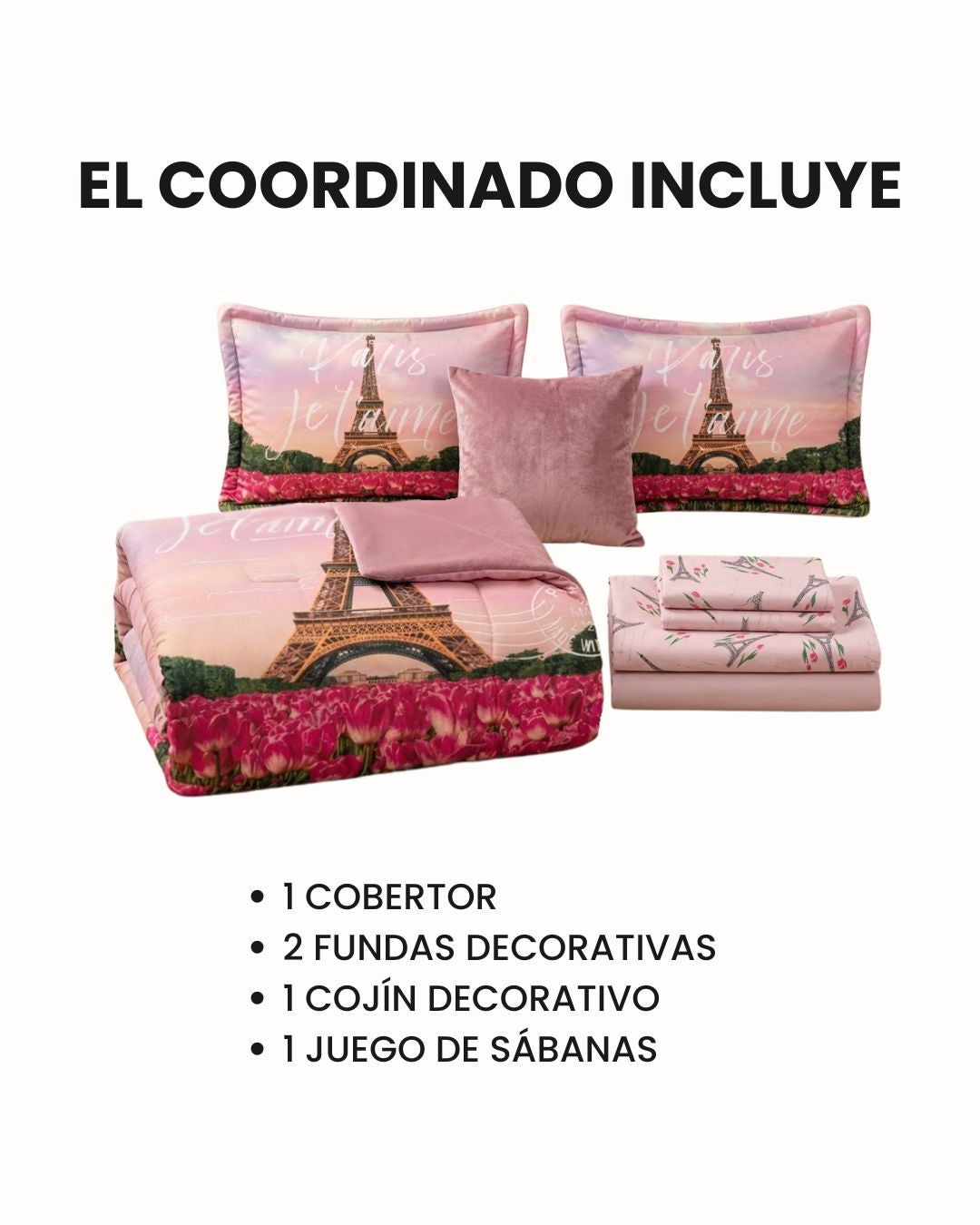 Coordinado de Cobertor Supremo Romantique de Intima Hogar en rosa, con diseño de la Torre Eiffel y flores. Incluye cobertor de franela, juego de sábanas, dos fundas decorativas y un cojín.