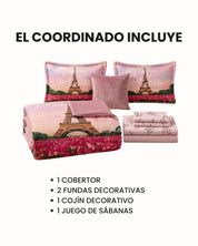 Coordinado de Cobertor Supremo Romantique de Intima Hogar en rosa, con diseño de la Torre Eiffel y flores. Incluye cobertor de franela, juego de sábanas, dos fundas decorativas y un cojín.