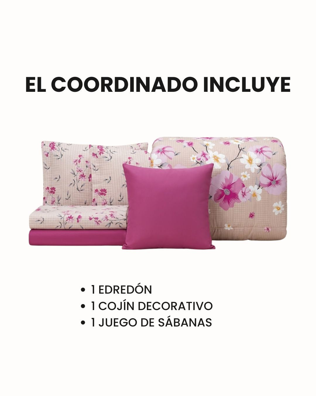 The Coordinado de Edredón Super Suave Anahí by Intima Hogar features pink and purple floral bedding, a solid pink cushion, and matching sheets, shown on a white background with Spanish text about its diseño romántico.