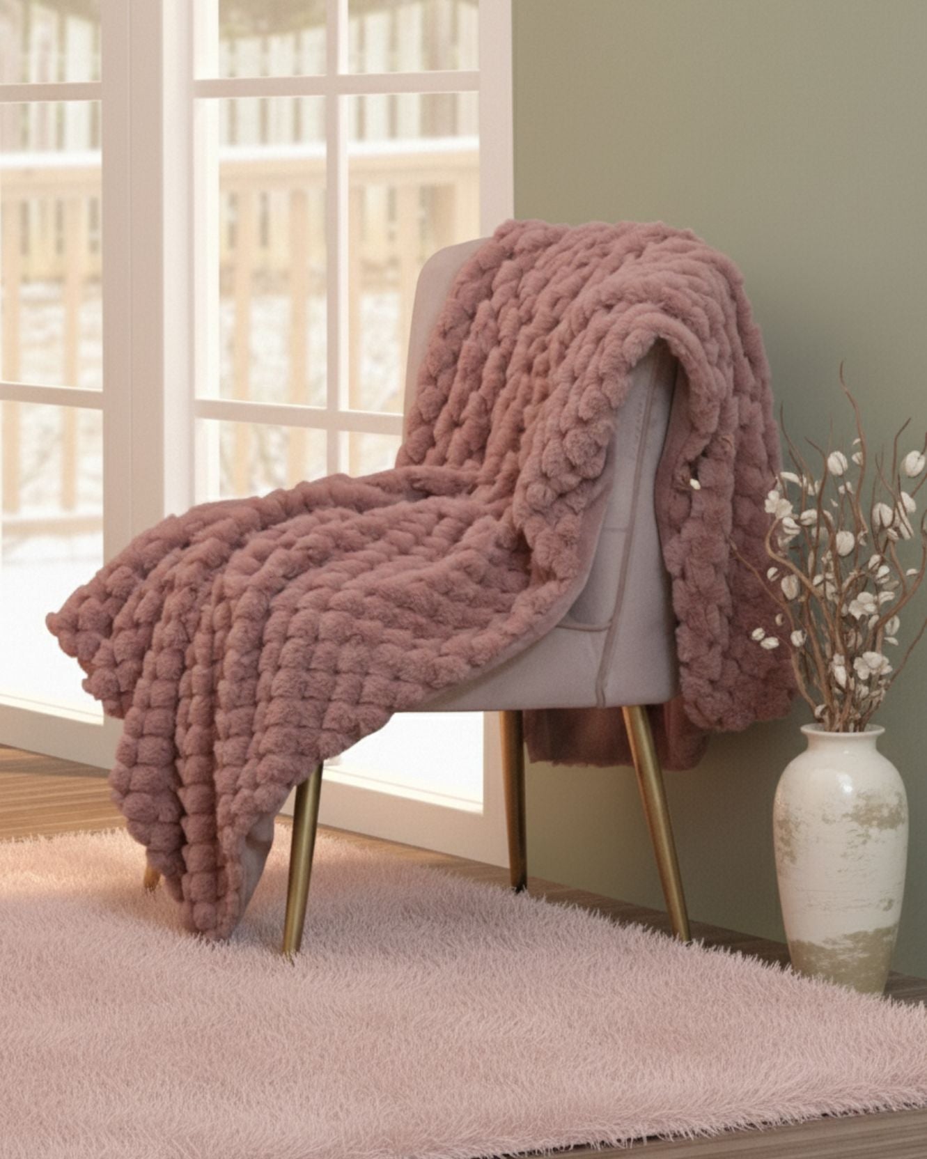 La Frazada de Lujo Aruba de Intima Hogar, en un cálido tono palo rosa, está sobre una silla beige moderna con patas doradas junto a un jarrón decorativo, aportando elegancia y calidez a esta acogedora habitación con alfombra rosa suave.