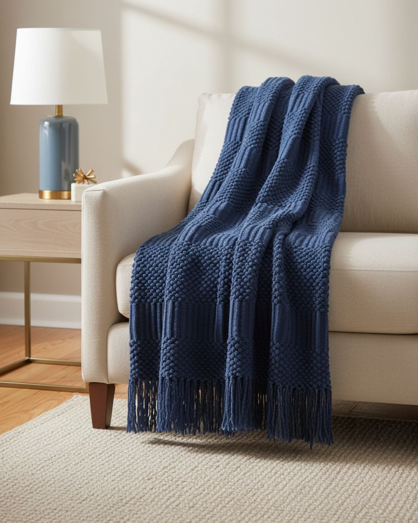 A cream-colored sofa with the Intima Hogar Frazada de Lujo Matcha Azul draped over the armrest, beside a wooden side table with a lamp and decor, brings coziness to this warmly lit room.