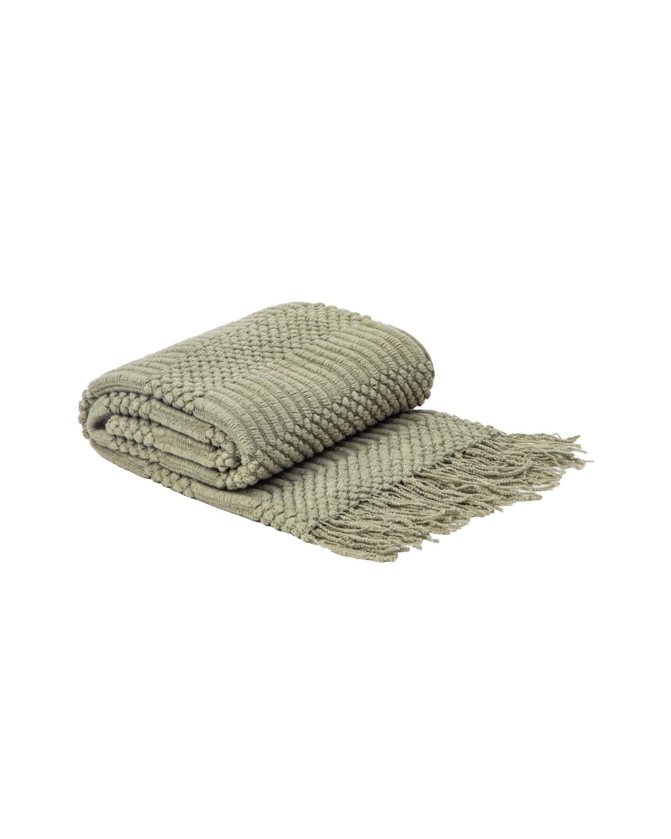 The Frazada de Lujo Matcha Verde by Intima Hogar is a folded, light olive green textured blanket with fringe on one end, made from tejido suave—ideal for decoración de interiores and shown on a white background.