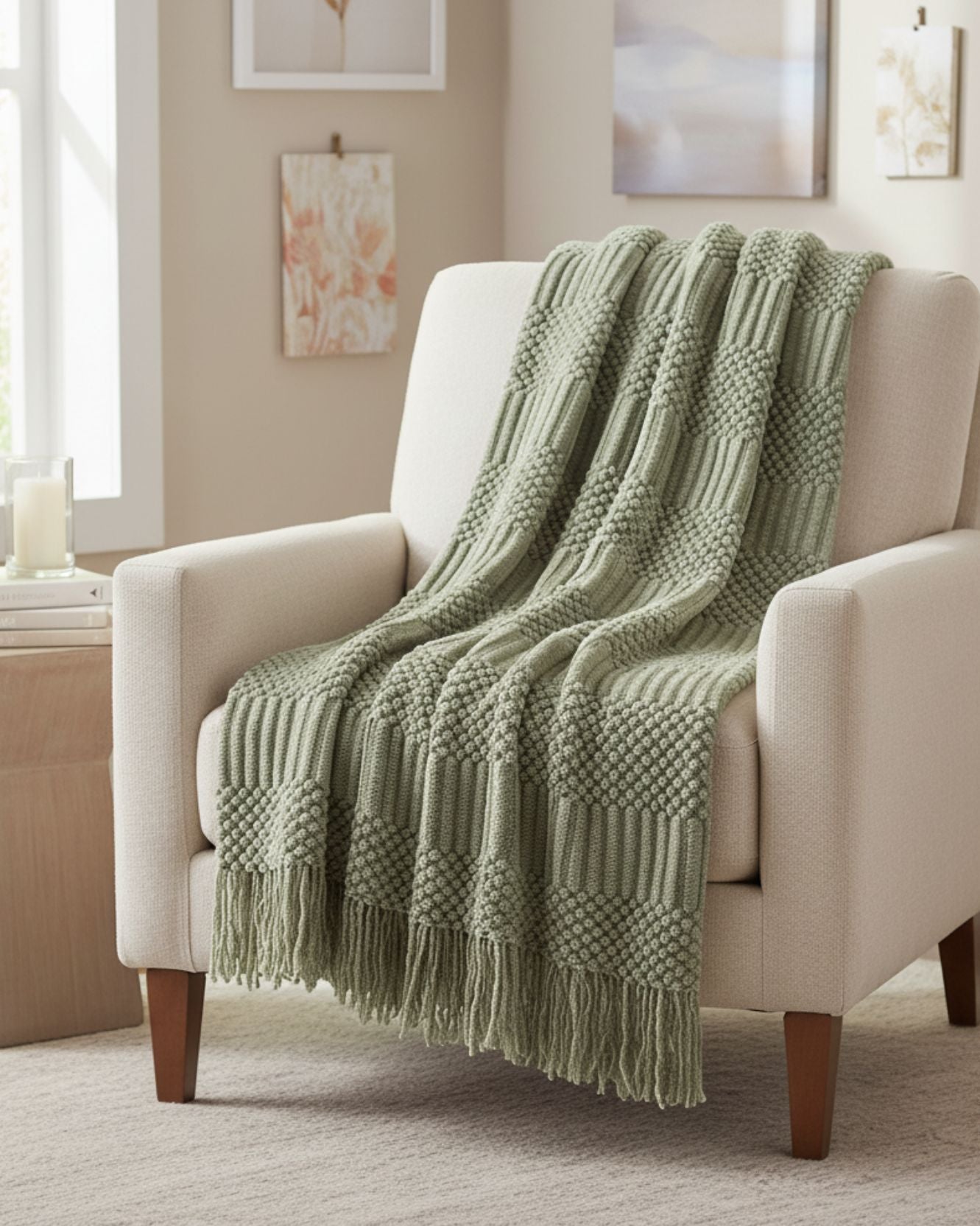 The Frazada de Lujo Matcha Verde by Intima Hogar, a soft sage green throw with fringe, is draped over a cream armchair in a bright, cozy living room with neutral décor and soft artwork.