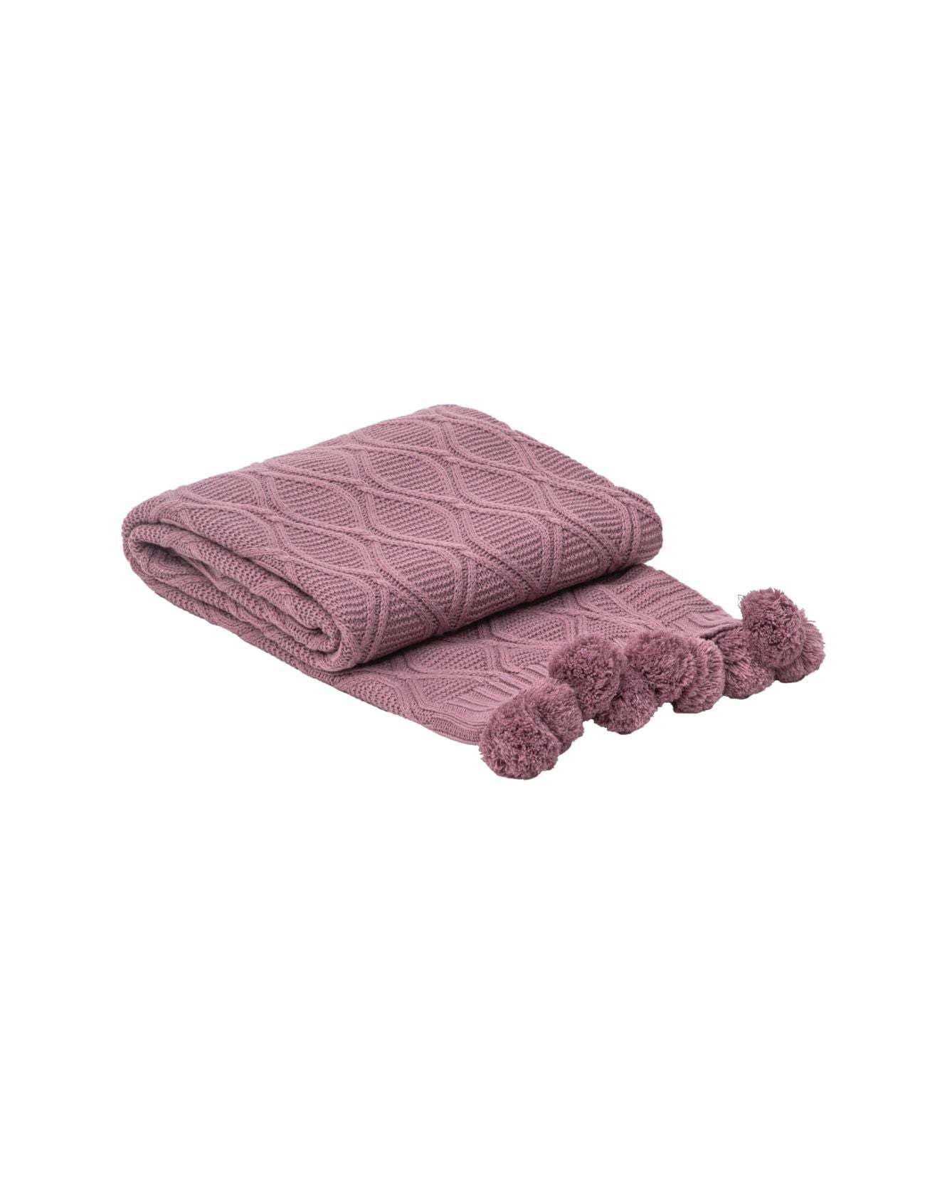 The Intima Hogar Frazada de Lujo Taro Lila is a folded mauve throw with a diamond pattern and pom-poms on the ends, shown on a white background.