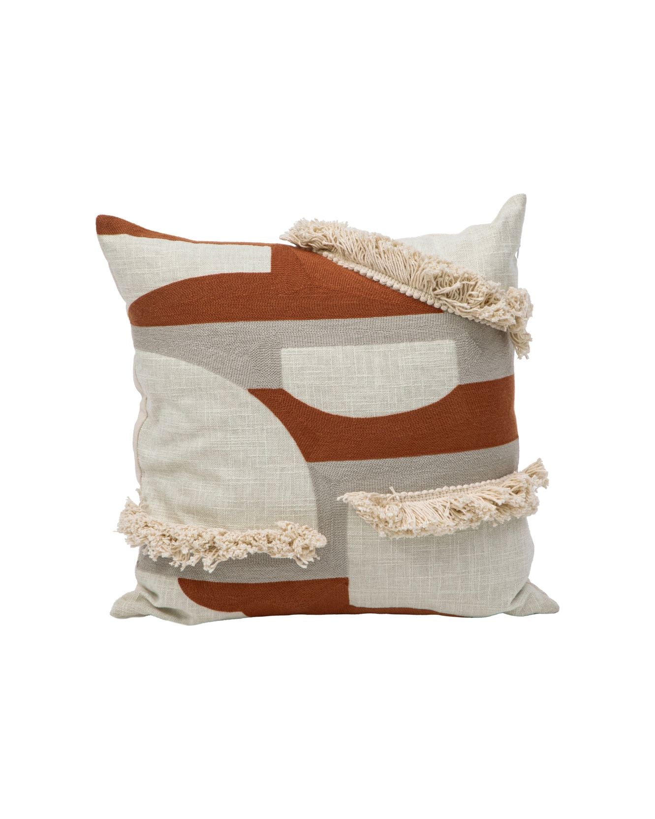 The Funda de Cojín Agadir by Intima Hogar features abstract rust, beige, and cream geometric patterns with textured cream fringe—an ideal funda boho or funda con flecos to add warmth and style to your space.