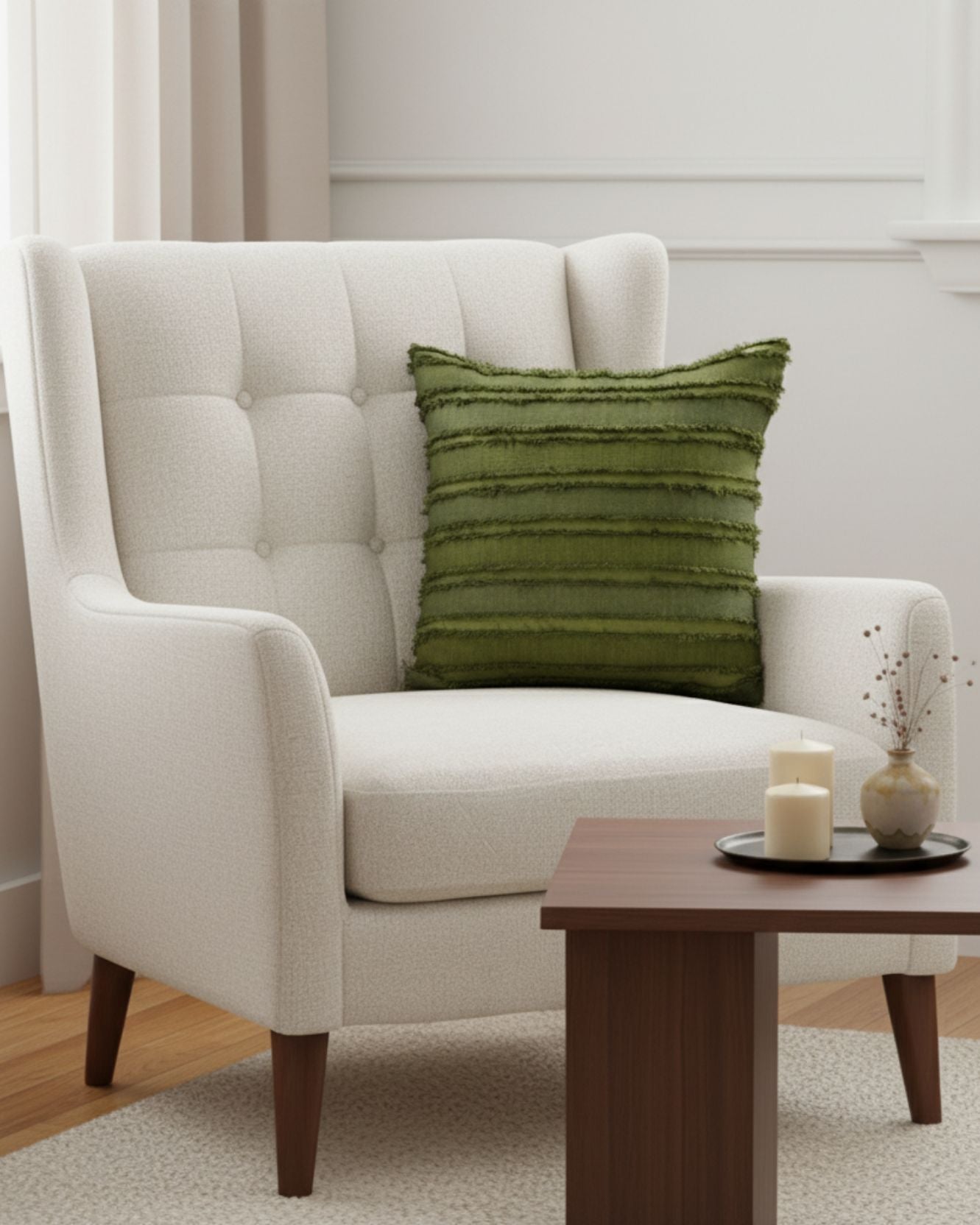 A modern beige armchair with the Intima Hogar Funda de Cojín Bogotá in green textured fabric sits beside a wooden coffee table with candles and a small vase in a cozy, softly lit living room.