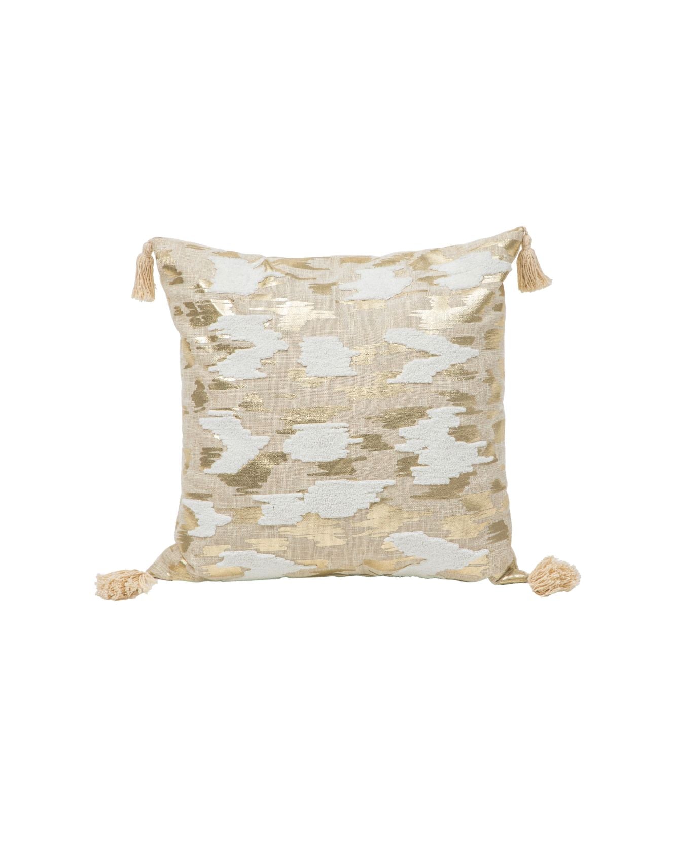 La Funda de Cojín Casablanca de Intima Hogar, con patrón abstracto beige y blanco y borlas en las esquinas, añade elegancia natural a cualquier espacio sereno.