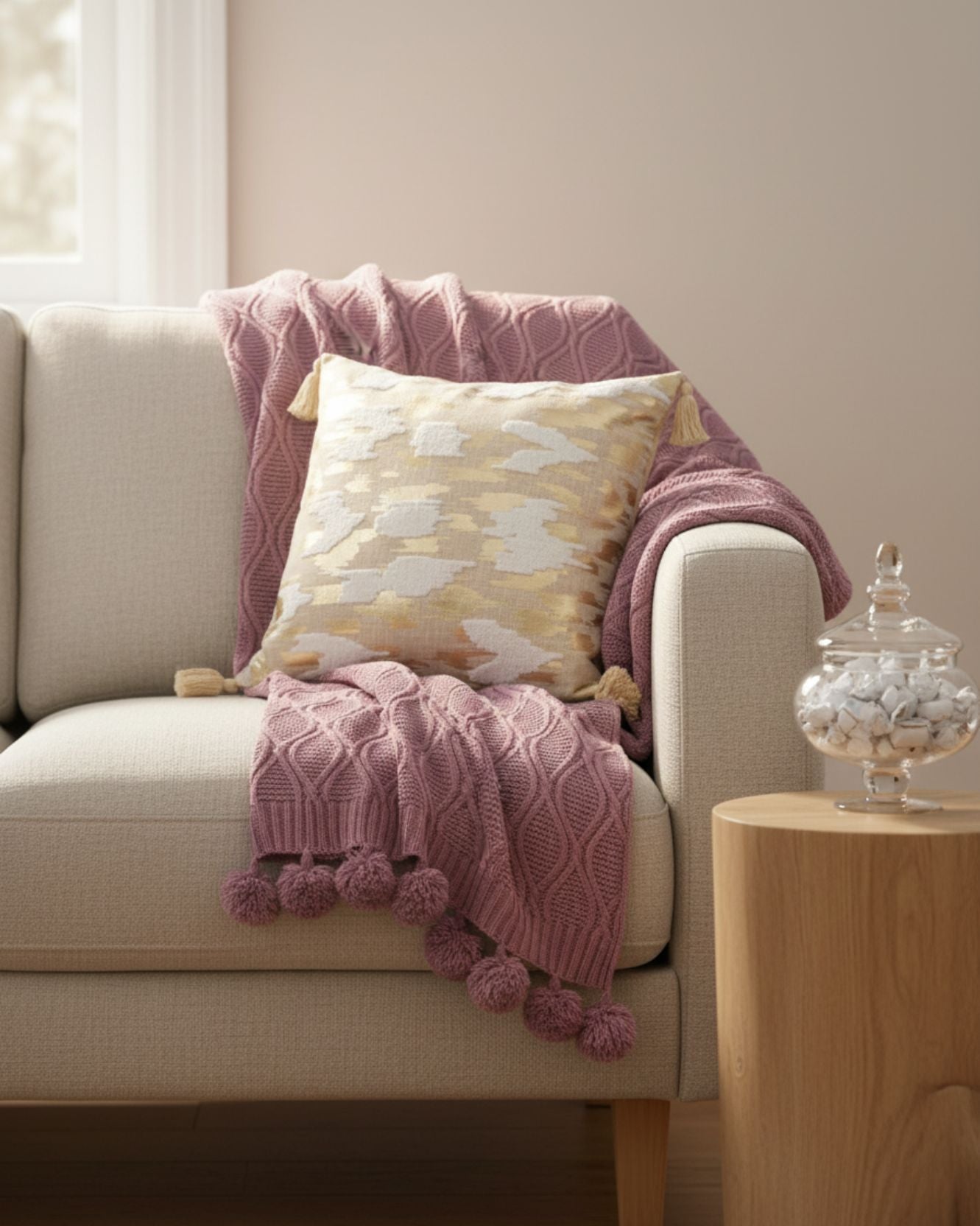 A beige sofa with a mauve textured throw, pom-poms, the Funda de Cojín Casablanca by Intima Hogar, a glass jar of candies on a wooden side table, and soft natural light create un espacio sereno in this cozy living room.