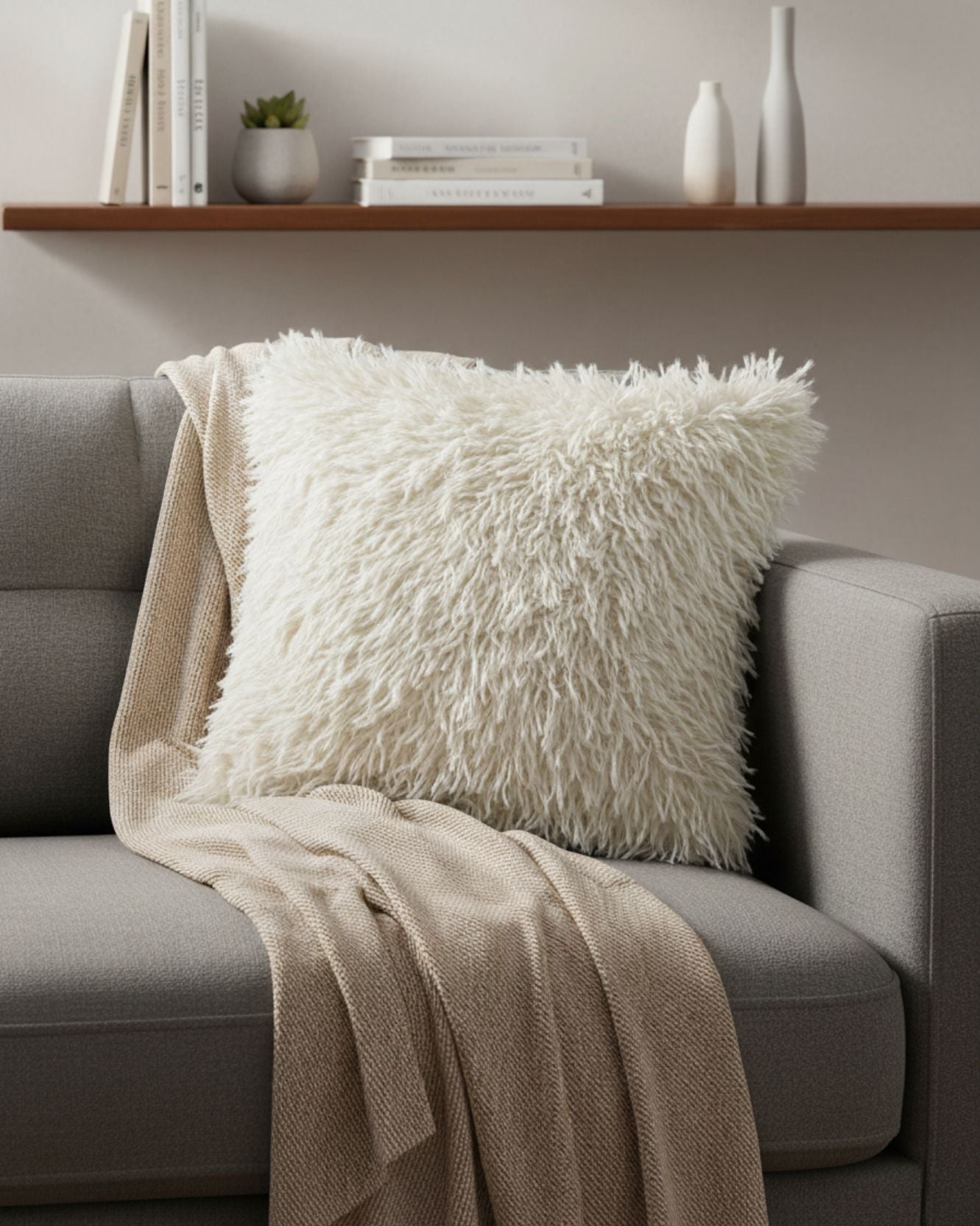 A fluffy white pillow with the Funda de Cojín Kawasaki by Intima Hogar rests on a light gray sofa draped with a beige knit blanket, while a wooden shelf with books and minimalist vases decorates the wall behind.
