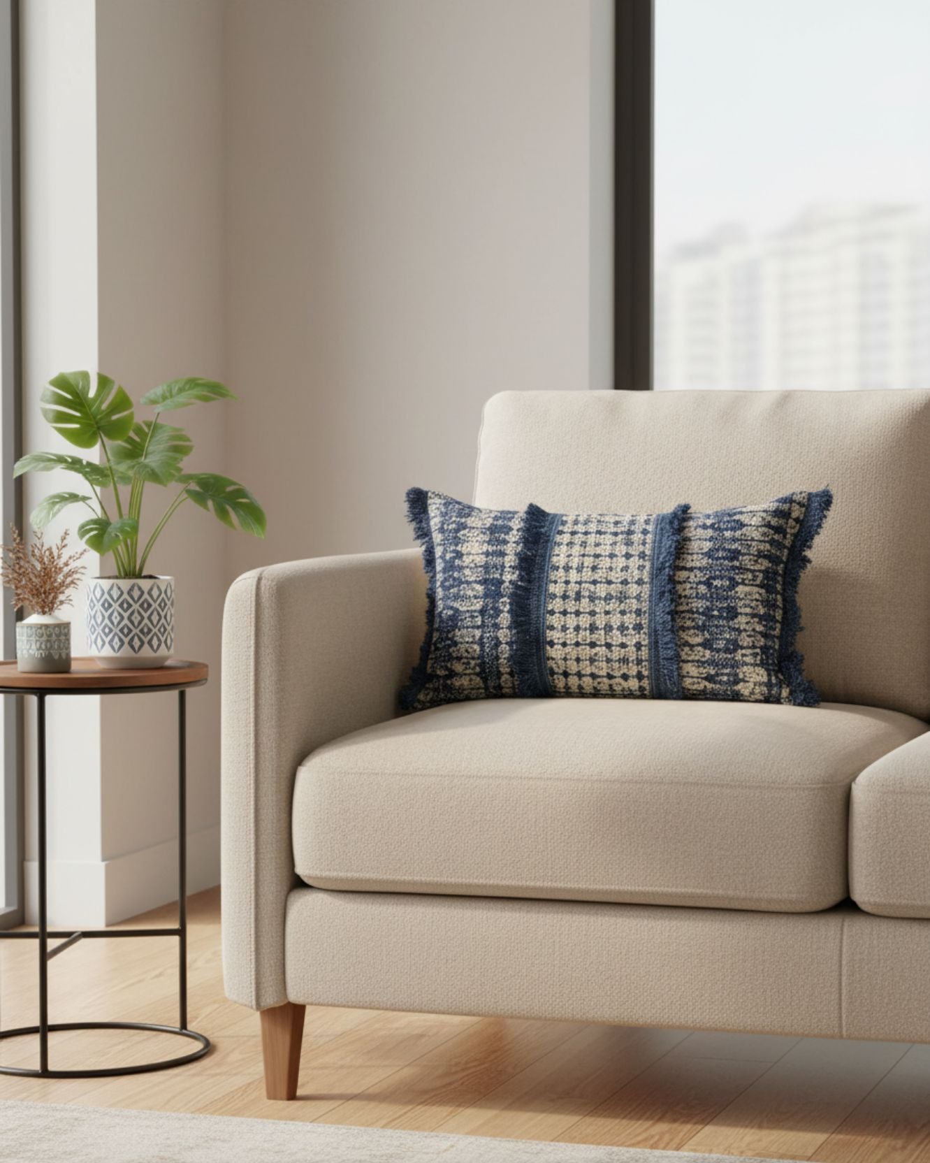 A beige jaspeado armchair with the Funda de Cojín Rabat by Intima Hogar in blue and white sits beside a round side table with a potted plant, vase, and dried flowers, adding a cozy touch to the bright room with large windows.