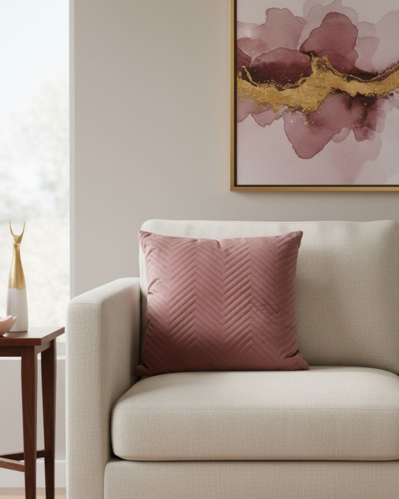A light beige armchair with the Intima Hogar Funda de Cojín Sakai pillow sits by a wooden side table. Above, a pink and gold abstract painting hangs on a light wall.
