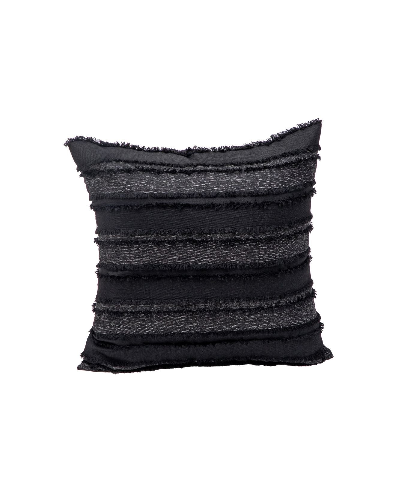 The Funda de Cojín Seúl by Intima Hogar features a square black design with horizontal dark gray stripes and fringed edges, adding a stylish touch to any space. Shown on a plain white background.