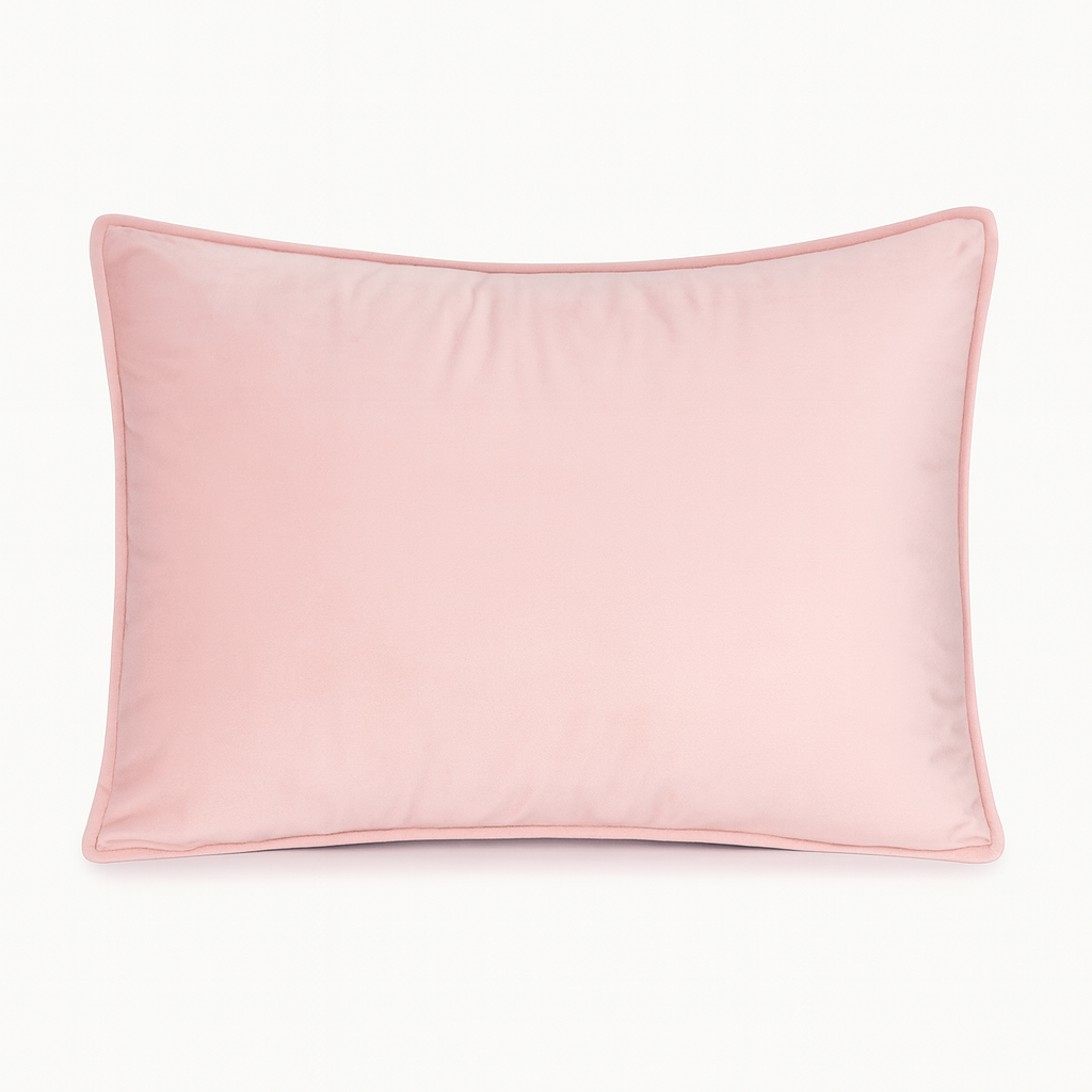 La Funda de Almohada Ensueño Rosa de Intima Hogar, rectangular y de suave textura, en tono rosa claro con ribete rosado más oscuro, es ideal para el descanso en cualquier habitación. Se muestra sobre fondo blanco.