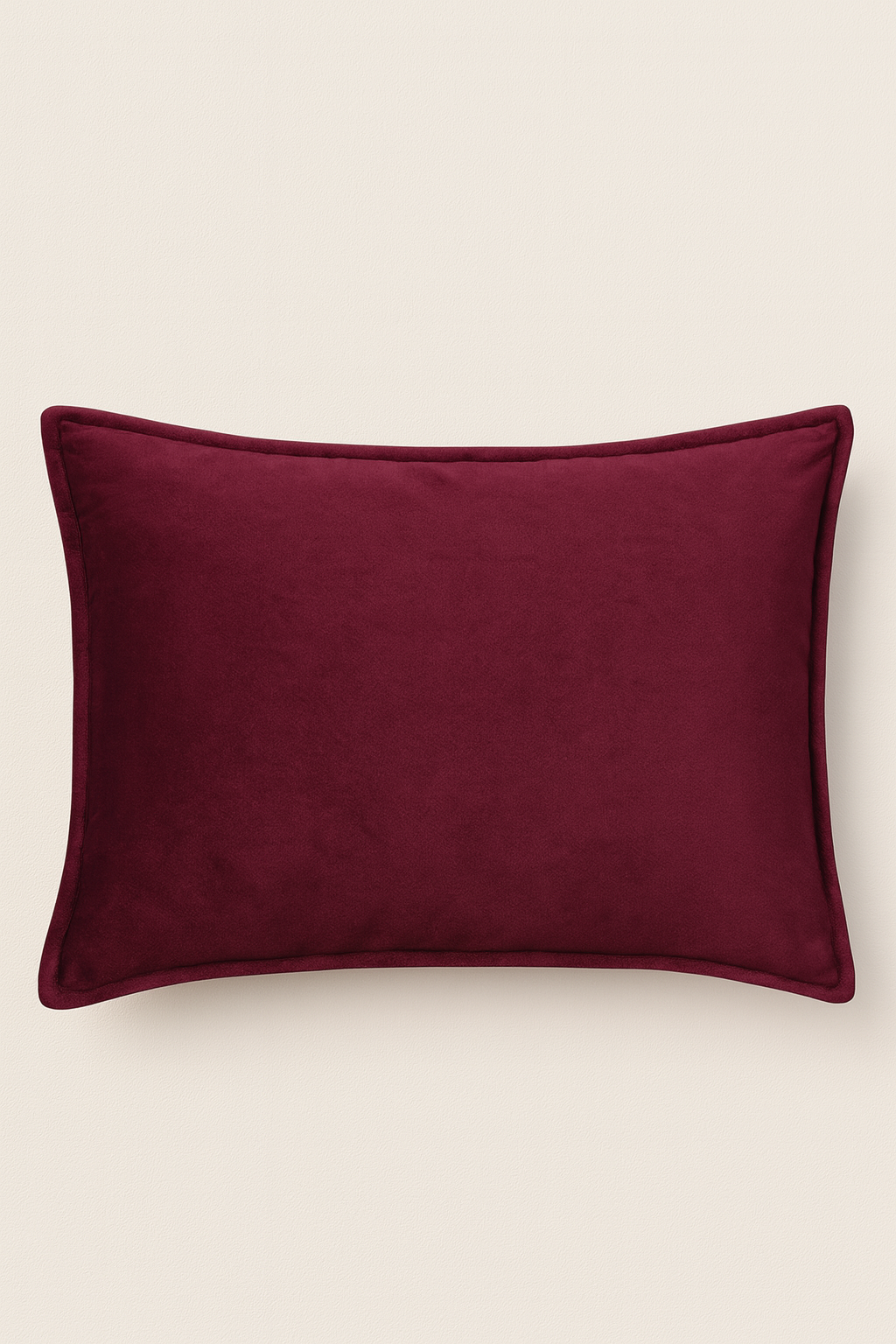 La Funda de Almohada Ensueño Vino de Intima Hogar, rectangular con textura aterciopelada y brillo suave en color burdeos, destaca sobre fondo beige. Su funda removible y borde sencillo añade elegancia a tu cama o habitación.