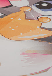 Close-up of a colorful cartoon from the Juego de Edredón Lindo Gatito by Intima Hogar, showing an orange area with white spots and part of a big eye—bringing playful charm to any habitación acogedora.