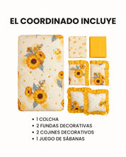 El Coordinado de Colcha Doble Olán Girasoles de Intima Hogar incluye una colcha de microfibra, dos fundas decorativas, dos cojines y un juego de sábanas con diseño floral y girasoles, todo ordenado y listado en español.