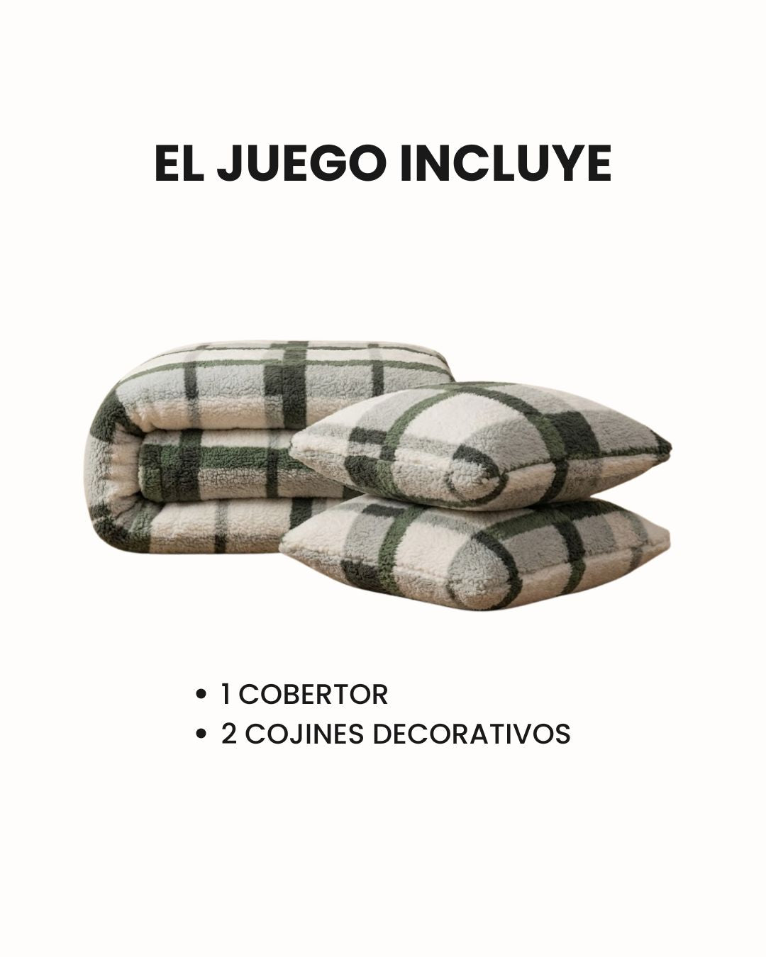 The Juego de Cobertor Flannel Ligero Ottawa by Intima Hogar is shown folded with two matching pillows. Above, it reads EL JUEGO INCLUYE; below: 1 COBERTOR y 2 COJINES DECORATIVOS. Ideal para el invierno.