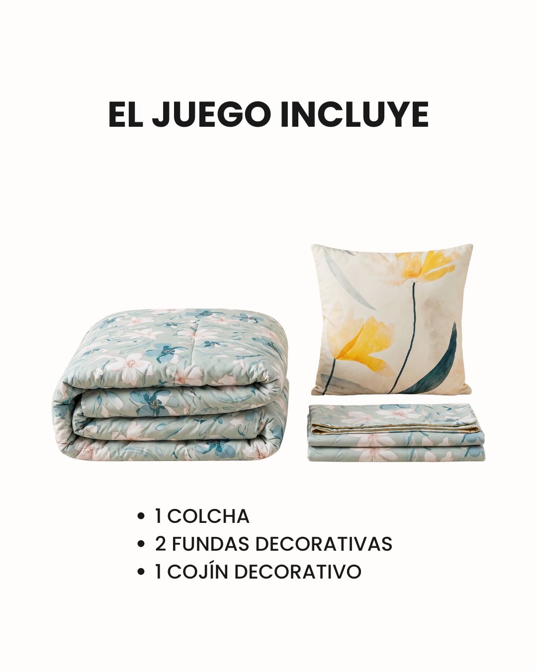 The Juego de Colcha Americana Celina by Intima Hogar incluye 1 colcha verano con diseño floral, 2 fundas decorativas y 1 cojín decorativo amarillo.