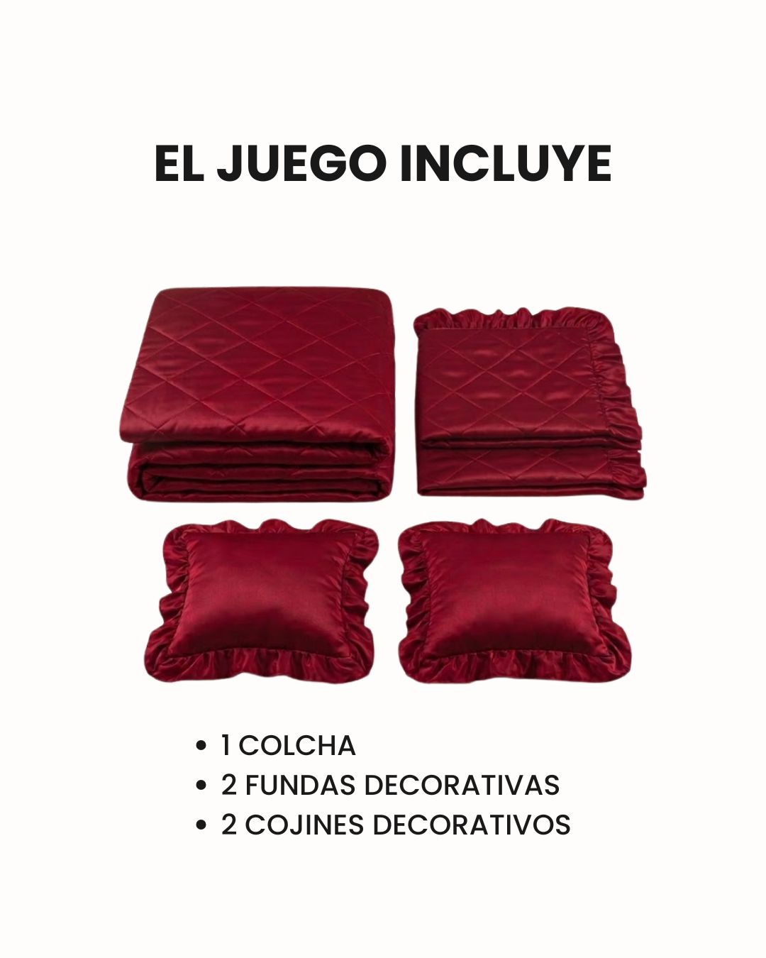 El juego de colcha satinada Rubí de Intima Hogar incluye edredón, dos fundas de almohada y dos cojines decorativos. Encima aparece el texto "El juego incluye" y los artículos se listan abajo en español.