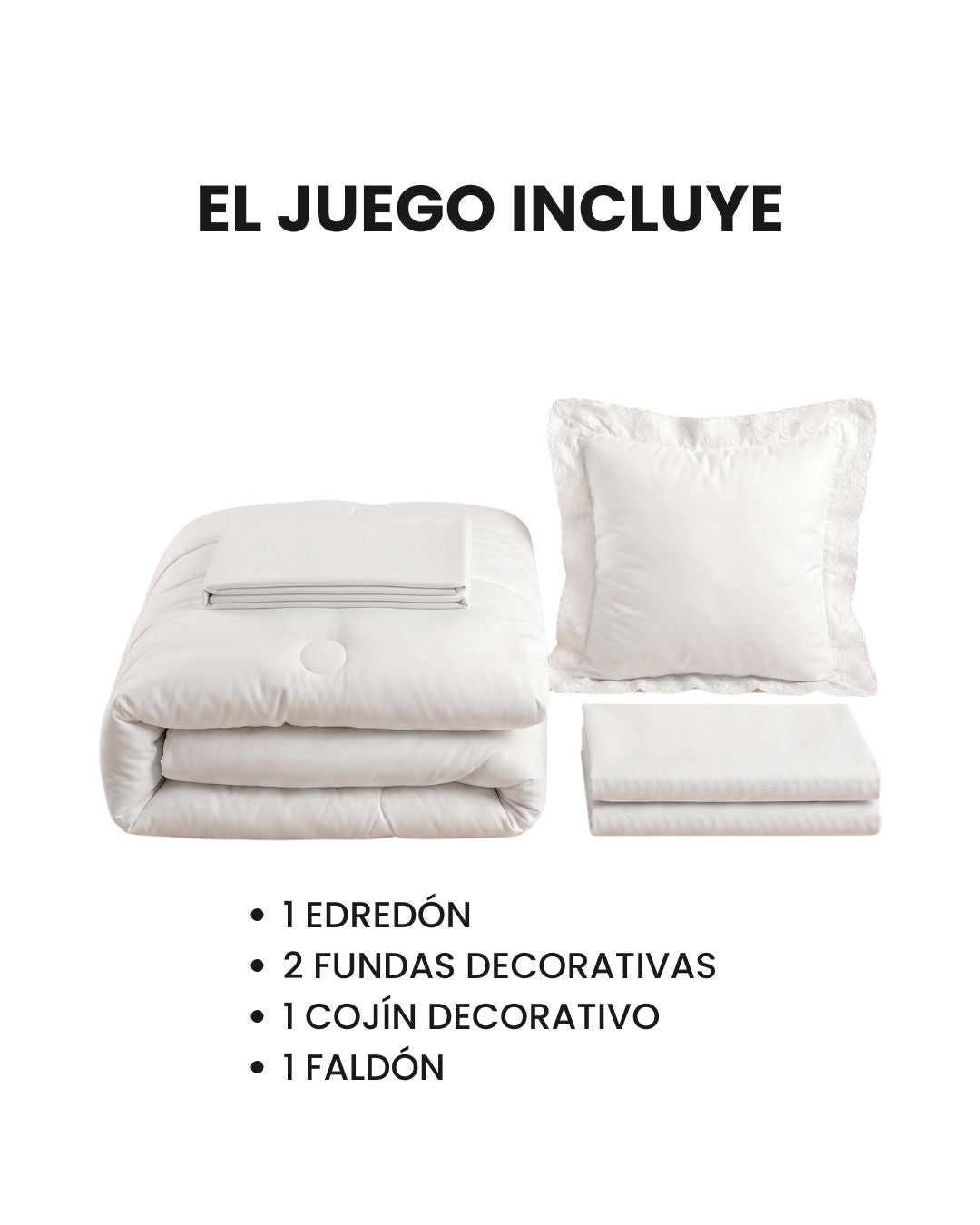 The Juego de Edredón Bordado Fidanza by Intima Hogar is shown in white, including an edredón, two fundas decorativas, one decorative cushion, and a faldón para cama. Spanish text above details the contents of the set.
